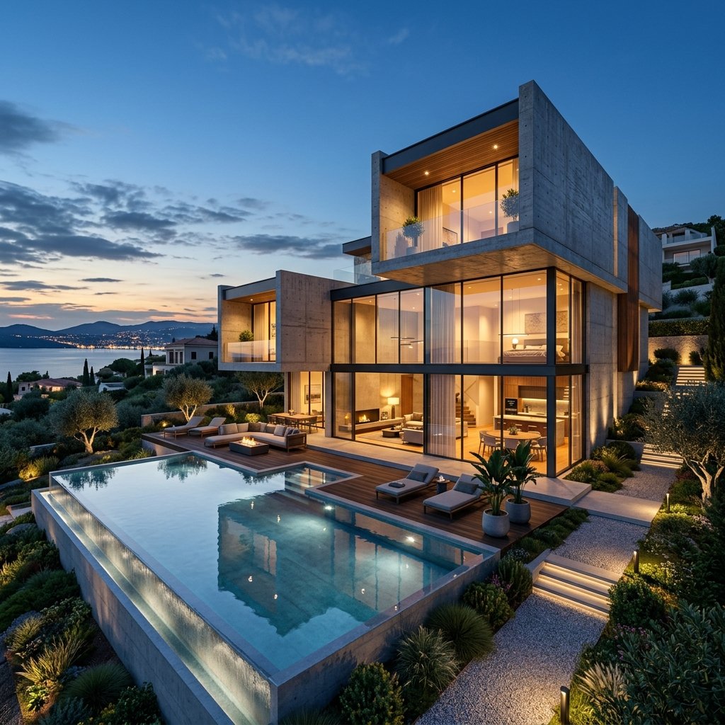 Luxury modern villa exterior rendered in 3D at dusk