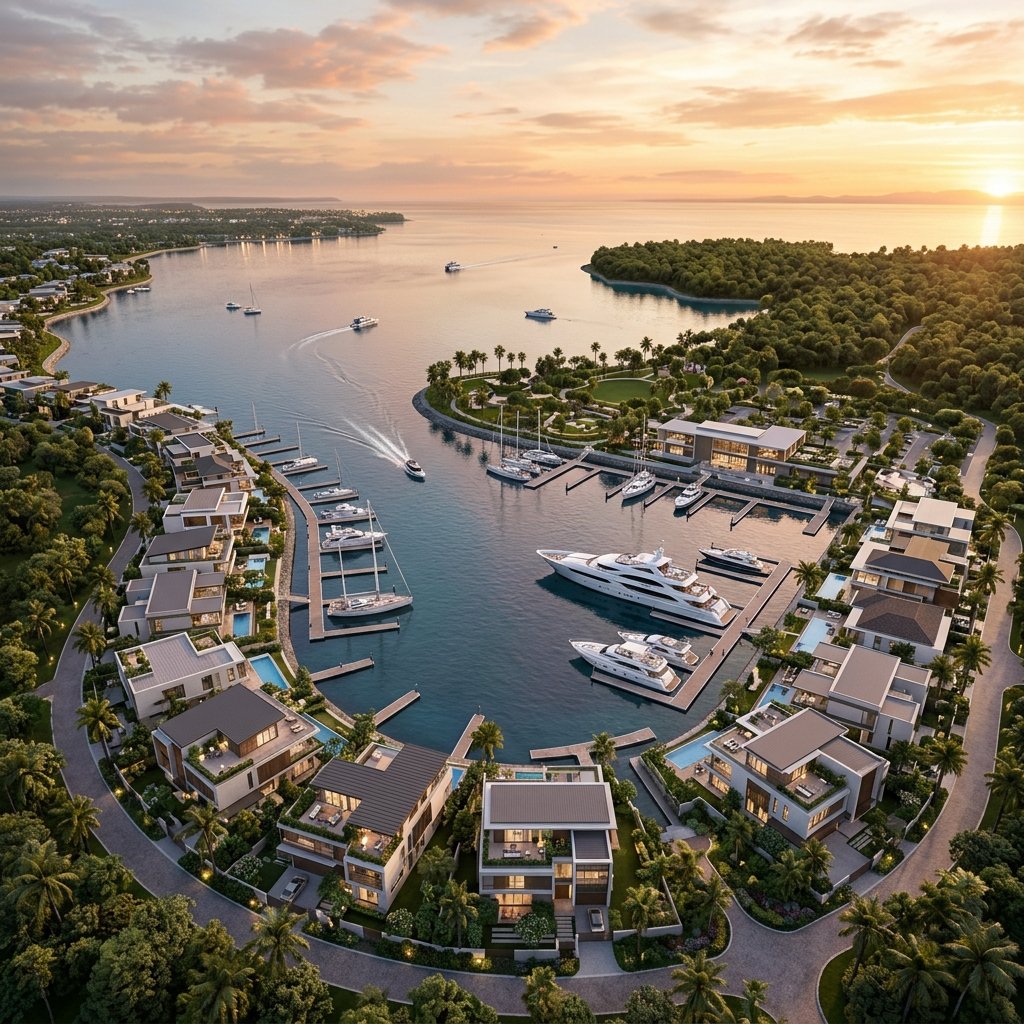 Waterfront residential development aerial render