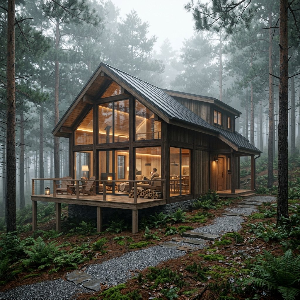 Modern woodland cabin render in a pine forest