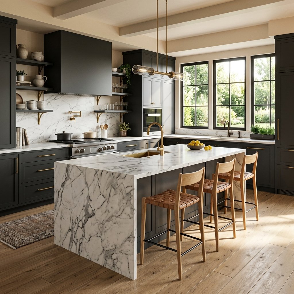 Contemporary kitchen with dark cabinets and marble island 3d render